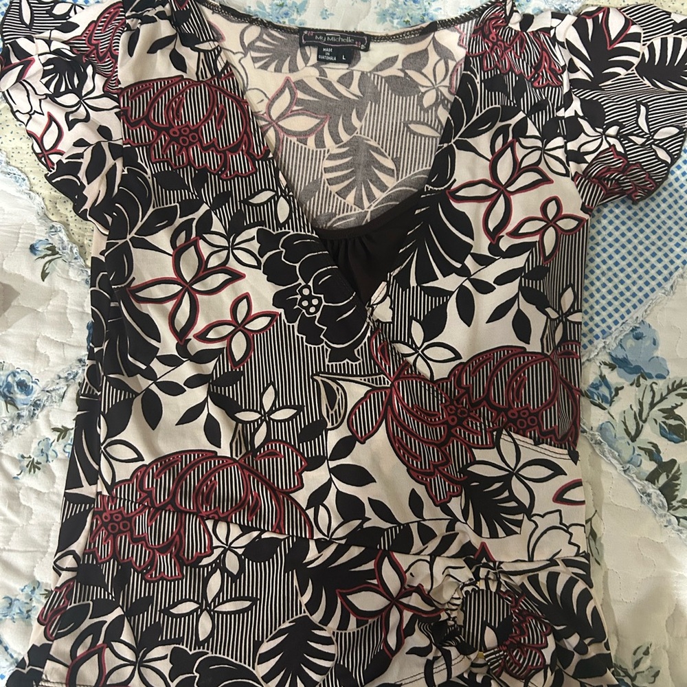 My Michelle Black and White Wrap Blouse with Cap Sleeves